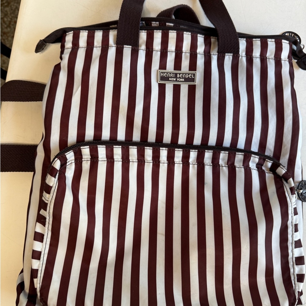 Henri Bendel Brown and White Striped nylon totebag/backpack.